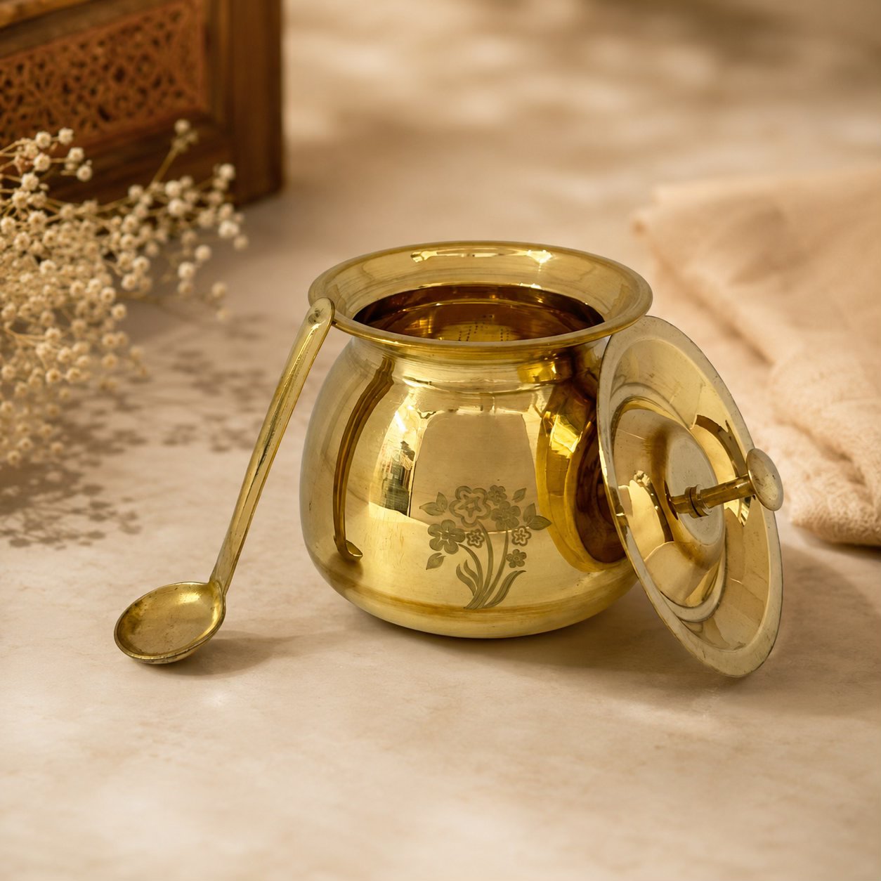 Peedhi Brass Kalash Ghee Pot with Lid & Spoon