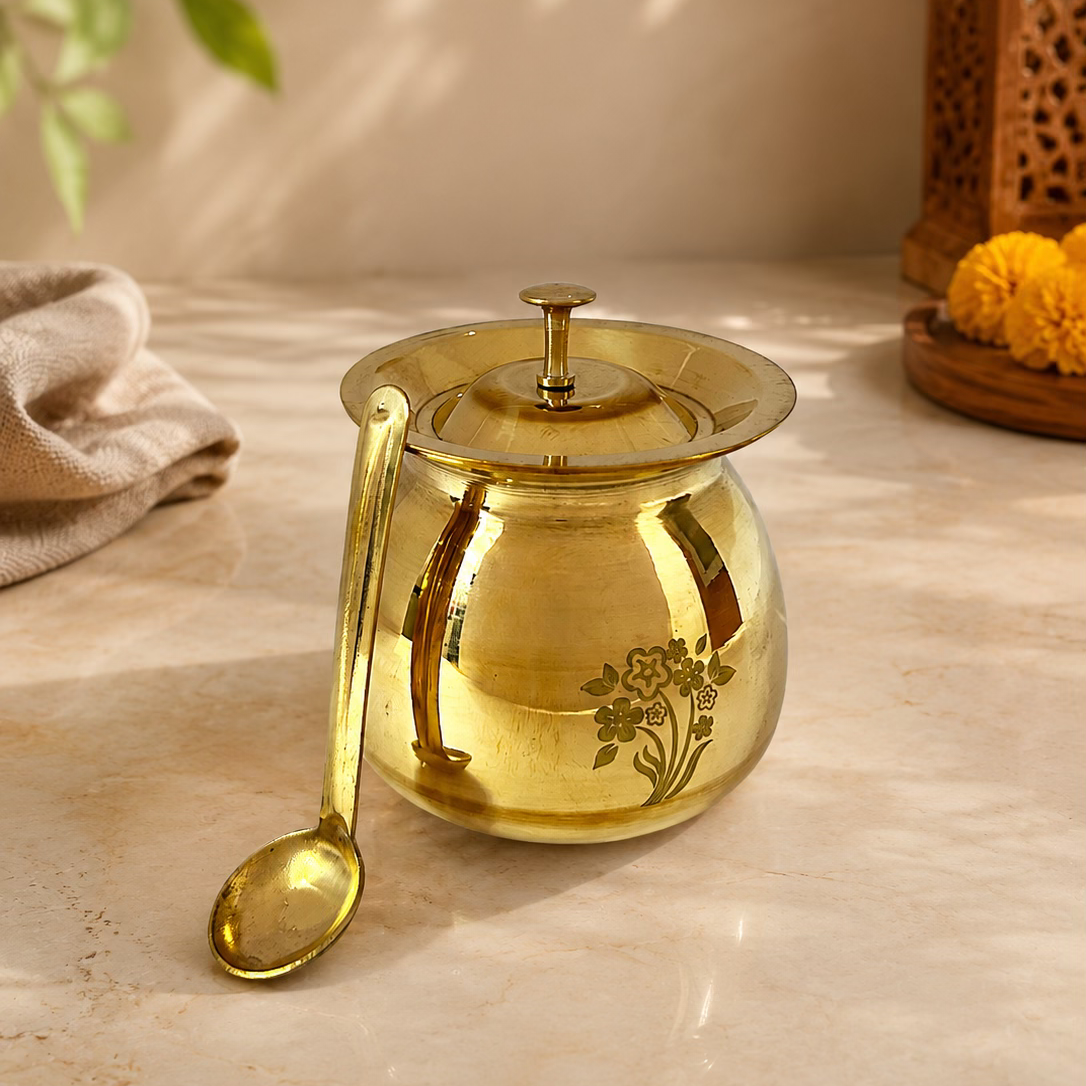 Peedhi Brass Kalash Ghee Pot with Lid & Spoon