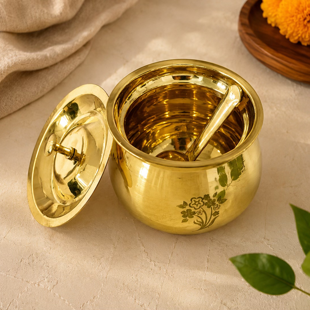 Peedhi Brass Kalash Ghee Pot with Lid & Spoon