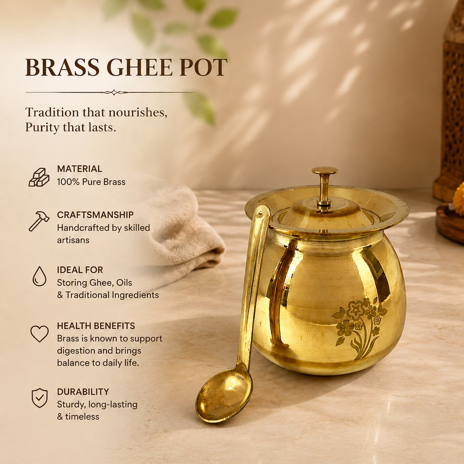 Peedhi Brass Kalash Ghee Pot with Lid & Spoon