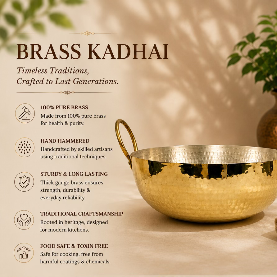 Peedhi Hand Hammered Brass Kadhai — Kalai-Lined | Traditional Indian Cooking Kadai for Sabzi, Dal, Curries & Deep Frying