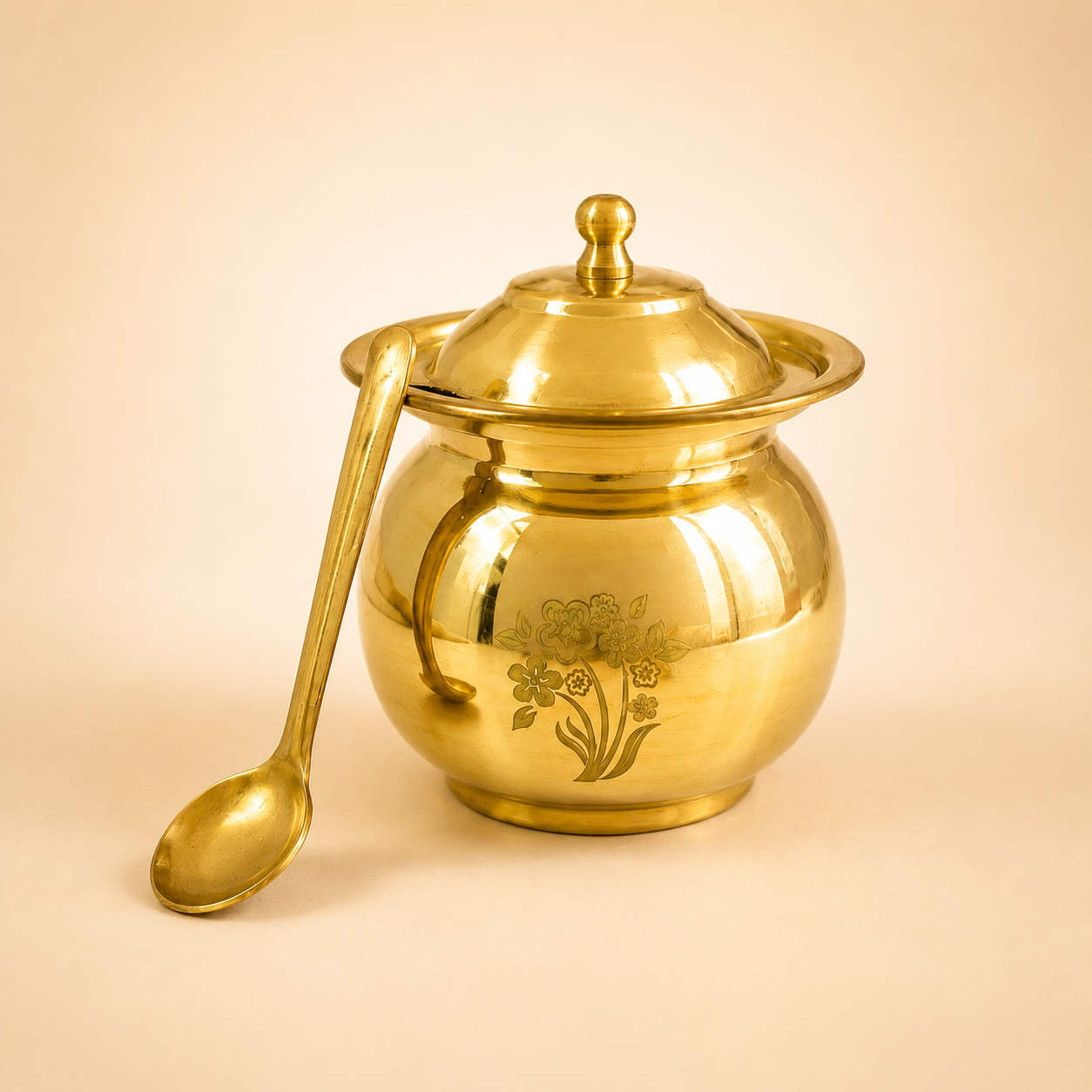Peedhi Brass Matka Ghee Pot with Lid & Spoon