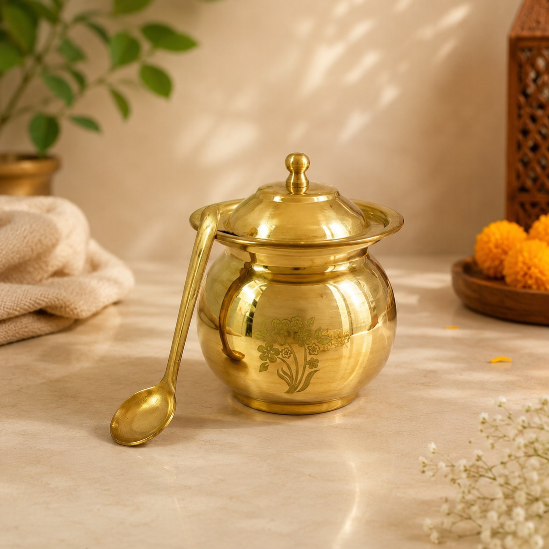 Peedhi Brass Matka Ghee Pot with Lid & Spoon