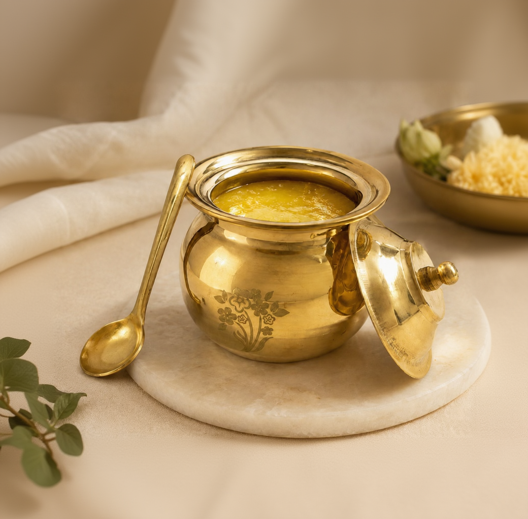 Peedhi Brass Matka Ghee Pot with Lid & Spoon