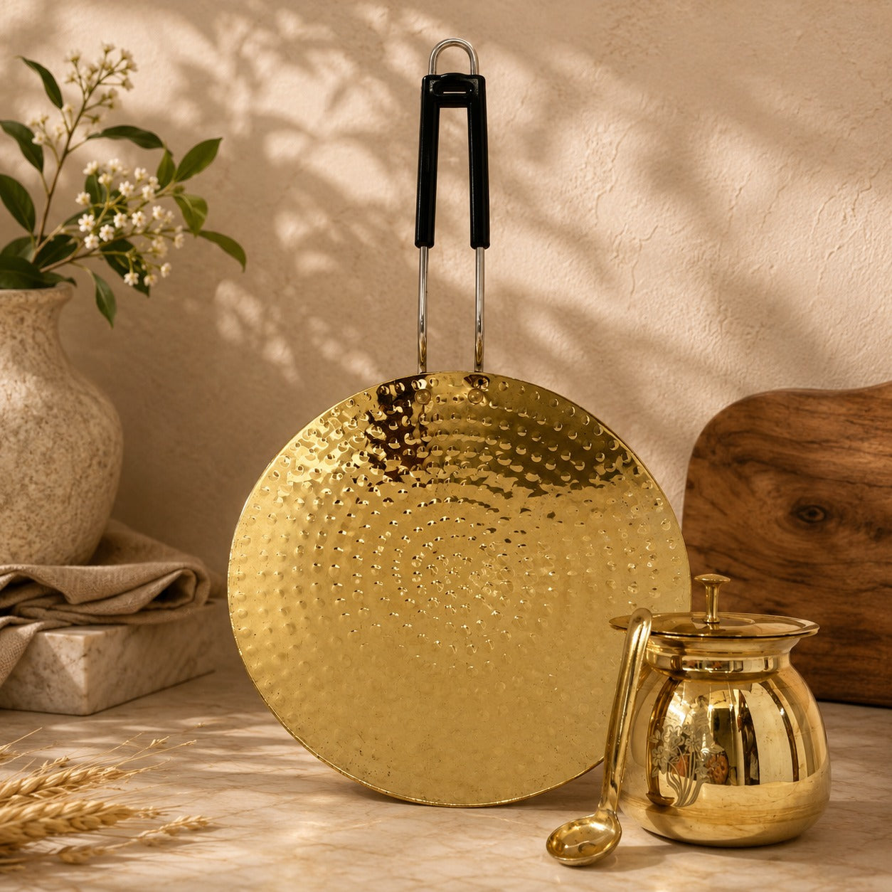 Peedhi Brass Tawa & Ghee Pot Set