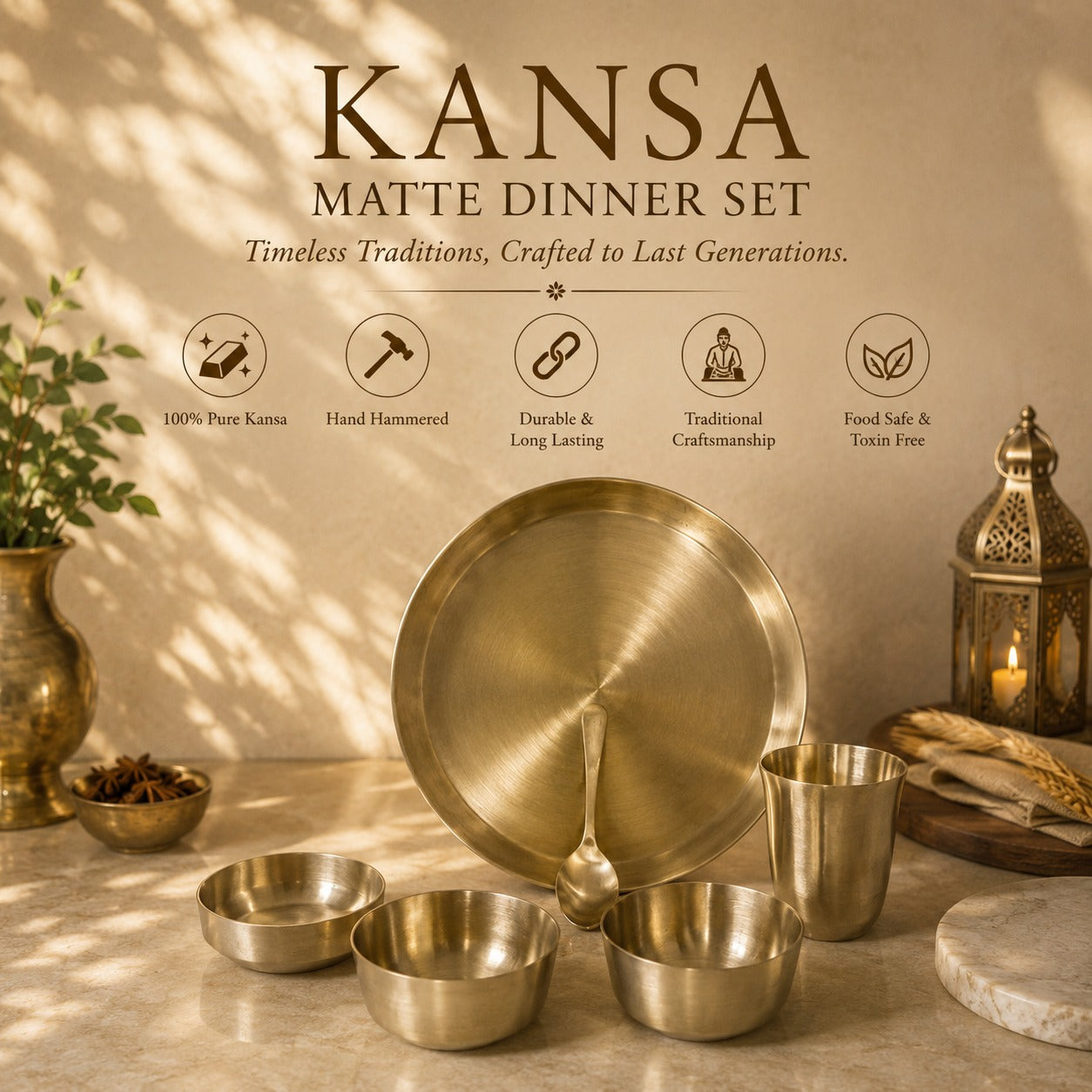 Peedhi Kansa Matte Dinner Set (11.8" Thaali) — 6 Pieces
