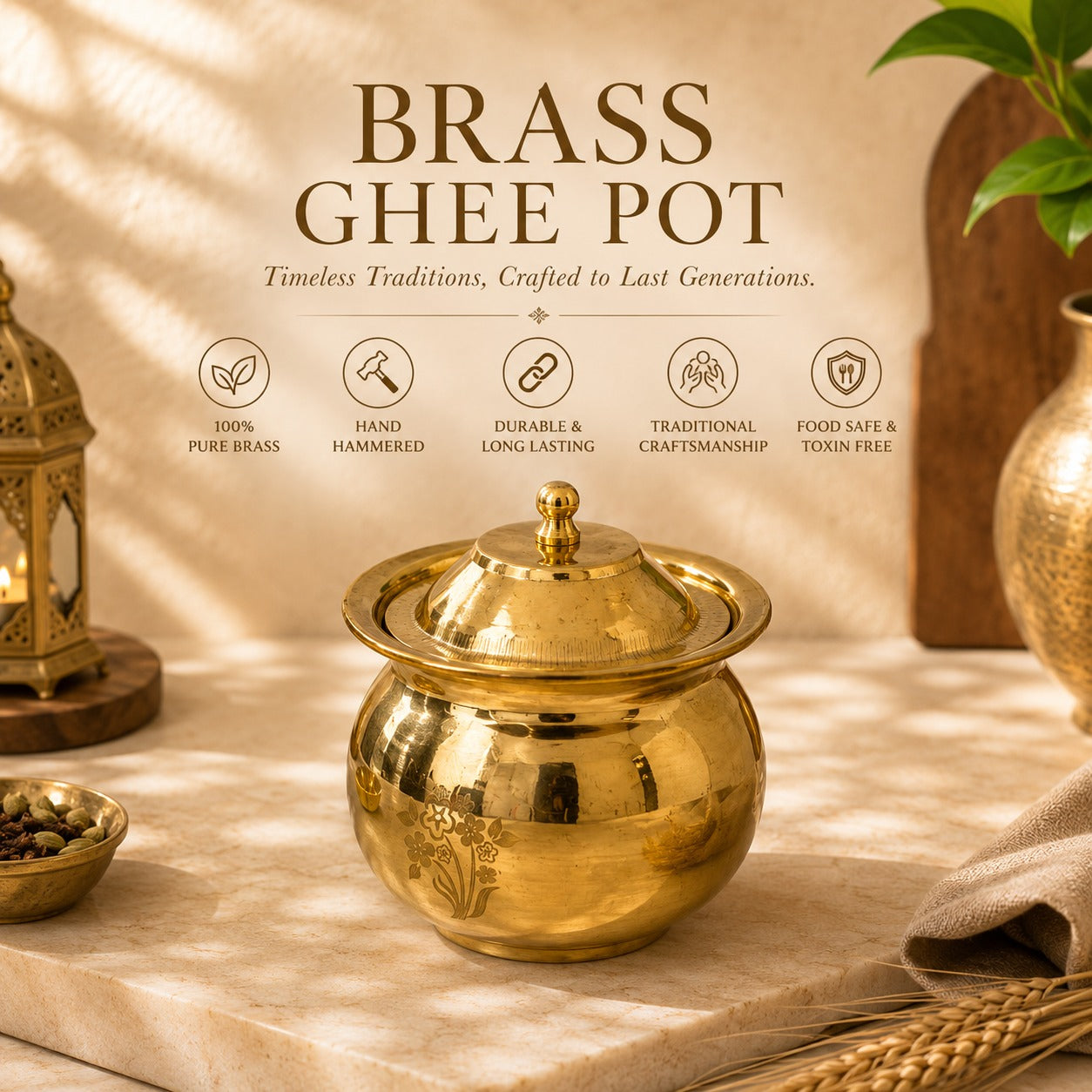 Peedhi Brass Matka Ghee Pot with Lid & Spoon