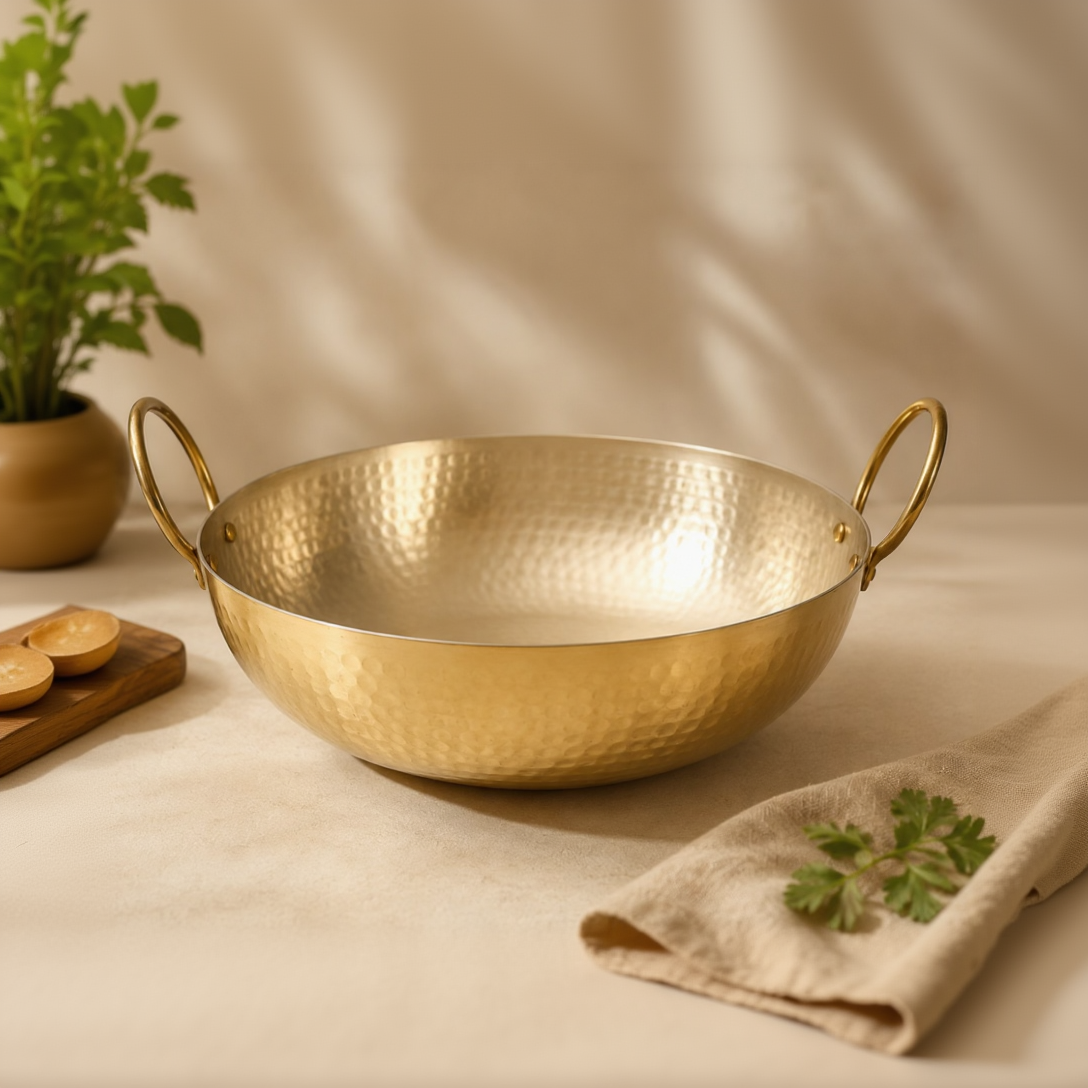 Peedhi Hand Hammered Brass Kadhai — Kalai-Lined | Traditional Indian Cooking Kadai for Sabzi, Dal, Curries & Deep Frying