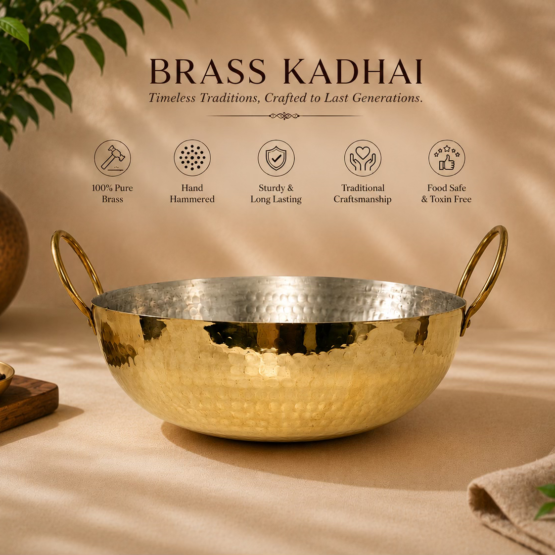 Peedhi Hand Hammered Brass Kadhai — Kalai-Lined | Traditional Indian Cooking Kadai for Sabzi, Dal, Curries & Deep Frying