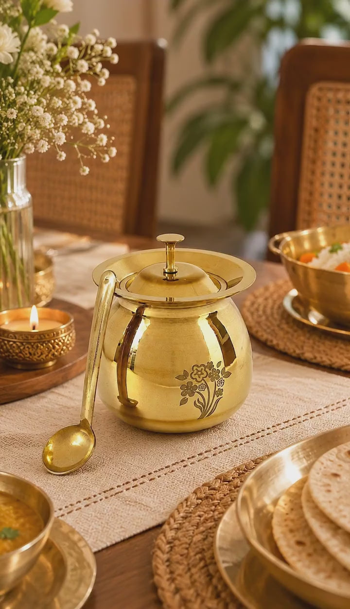 Peedhi Brass Kalash Ghee Pot with Lid & Spoon